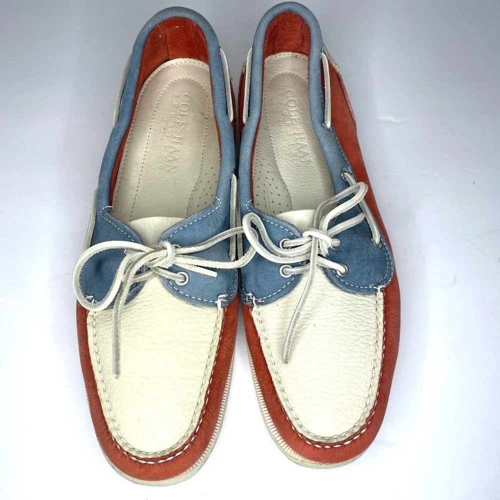 Cole Haan Mens Boat Shoes Size 10 M Red White Blue Leather Lace Up Deck Loafers
